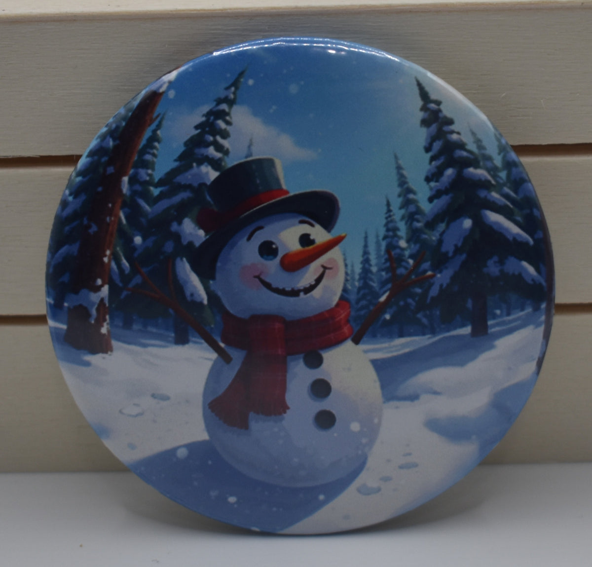 2 Inch Button-Christmas Snowman with Trees